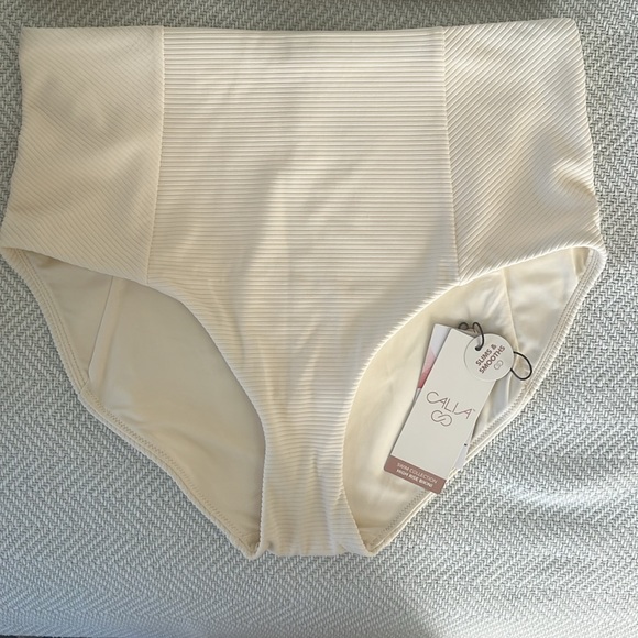 NWT CALIA Two Piece Swim Suit with High Rise Bottom Ivory Ribbed Size Medium - Picture 3 of 7
